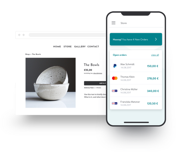 Page Web montrant des bols en pierre à vendre à côté d'un écran mobile avec les dernières commandes en ligne et les prix.