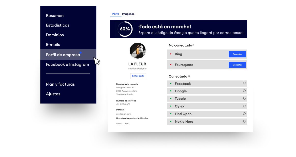 Interfaz de panel muestra configuraciones de perfil de negocio con opciones de menú a la izquierda y aplicaciones conectadas a la derecha.
