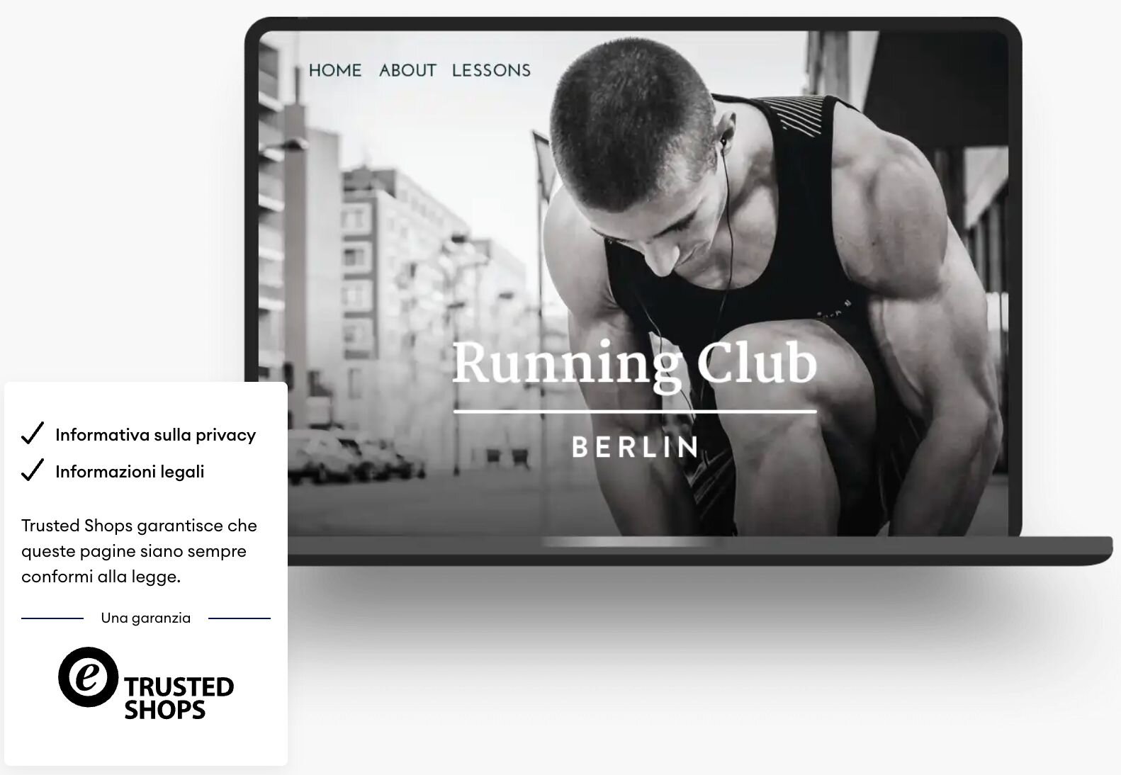 Laptop che mostra un sito web con un corridore maschio che si allaccia la scarpa, sovrapposto al testo 'Running Club Berlin'.