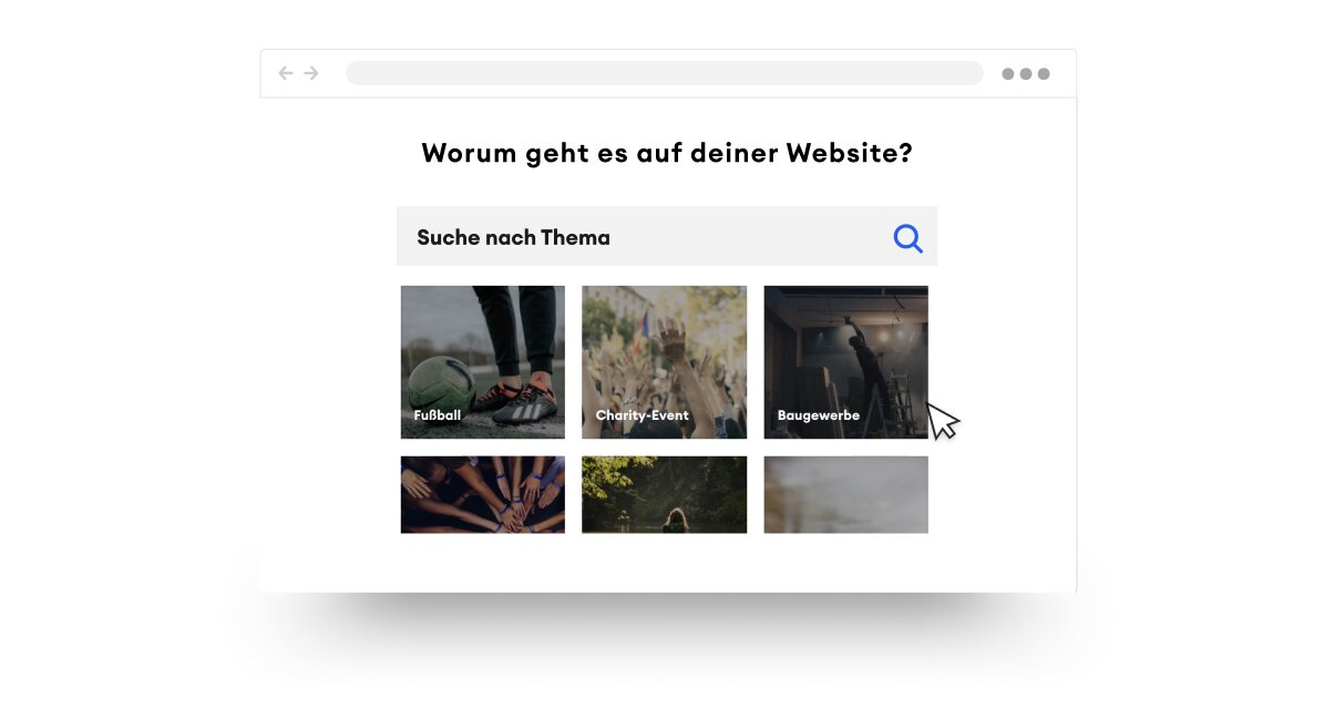 Webseitenthemen-Auswahloberfläche mit Kategorien wie Wohltätigkeit, Wassersport und Reisen. Ein Cursor zeigt auf das Reisethema.