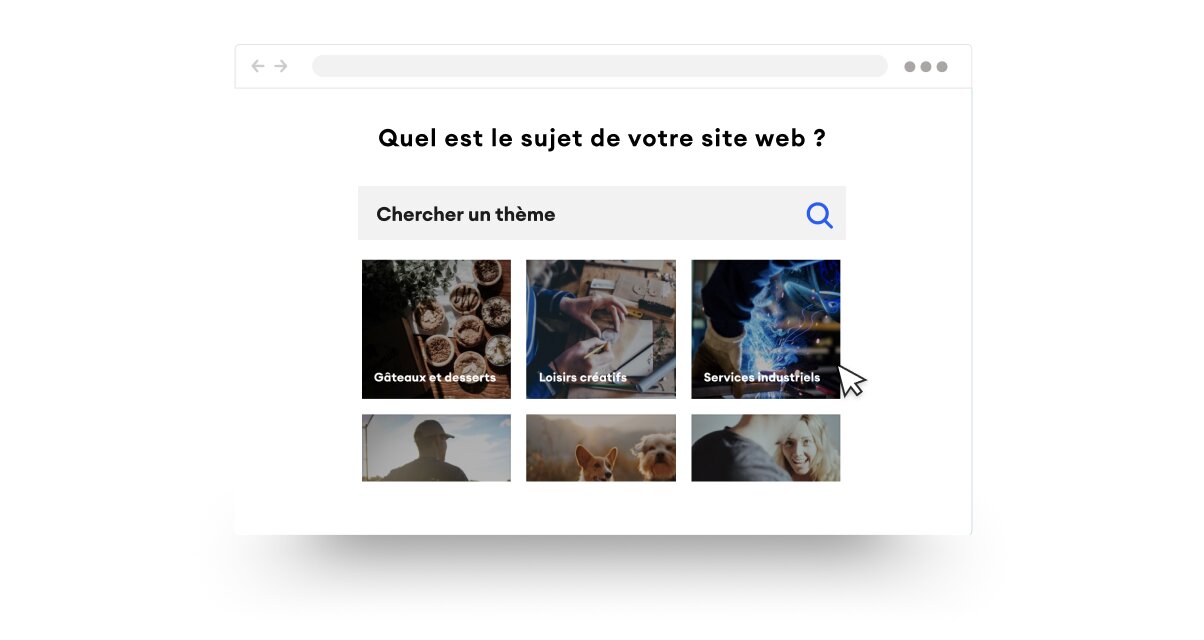 Interface de sélection de thèmes de page web avec des catégories comme charité, sports nautiques et voyage. Un curseur pointe vers le thème voyage.