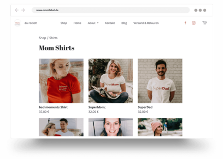 Product category page showing a selection of T-shirts and jewelry for sale