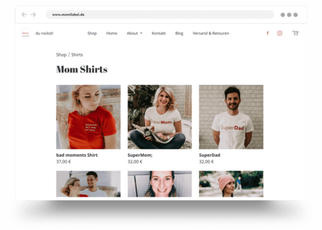 Page de catégorie de produits présentant une sélection de T-shirts et de bijoux en vente