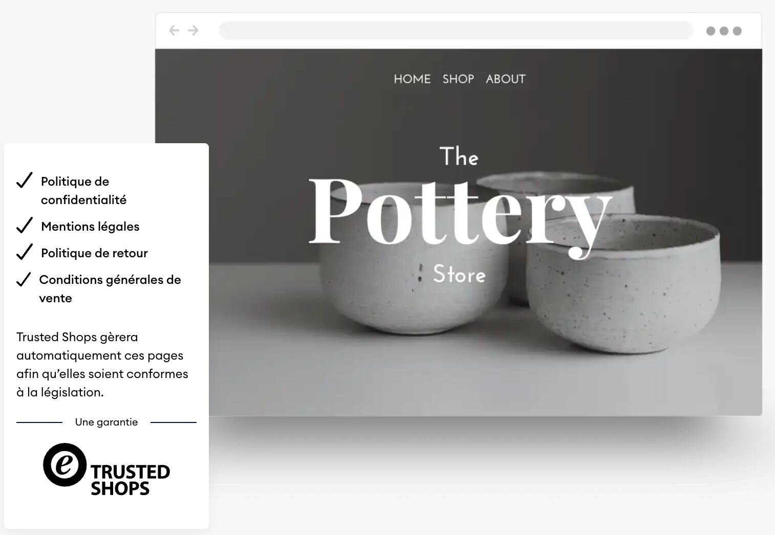 Trois pots en céramique affichés sur une page web avec le texte 'The Pottery Store'.