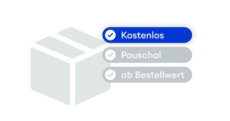 Ein graues Paket, neben dem die Texte "kostenlos", "pauschal" und "ab Bestellwert" stehen.