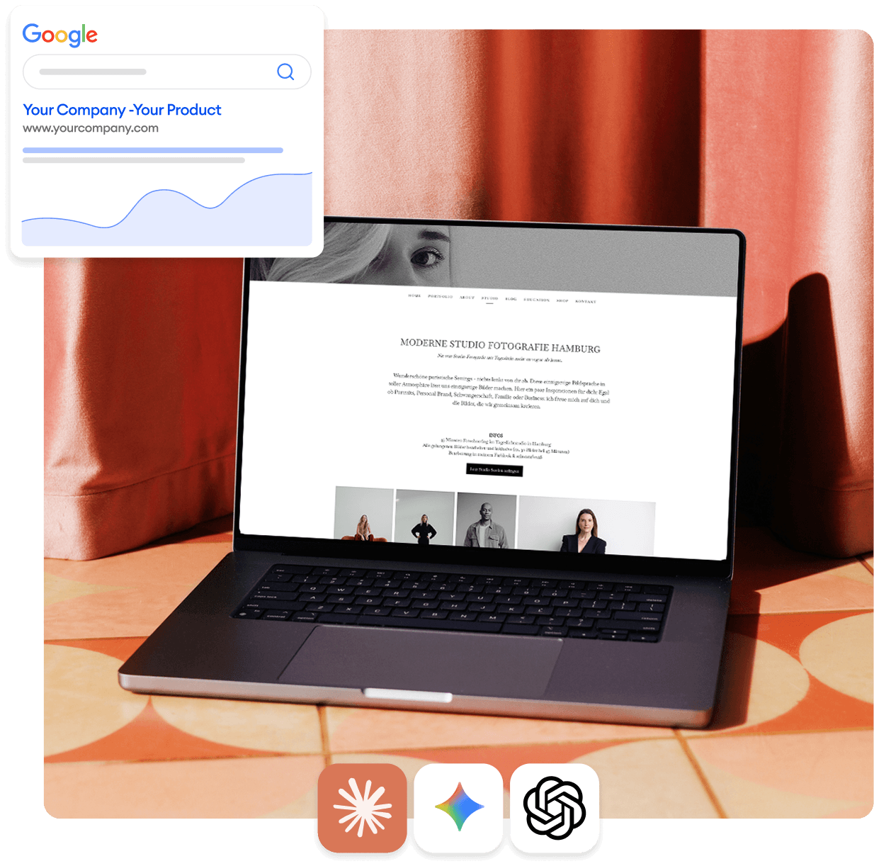 Solopreneur building their website with Jimdo's AI — the assistant asks about the business and generates the site automatically.