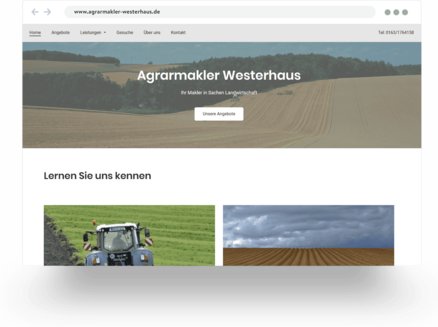 Example of an agricultural realtor's website built with Jimdo showing a field of crops and a tractor at work