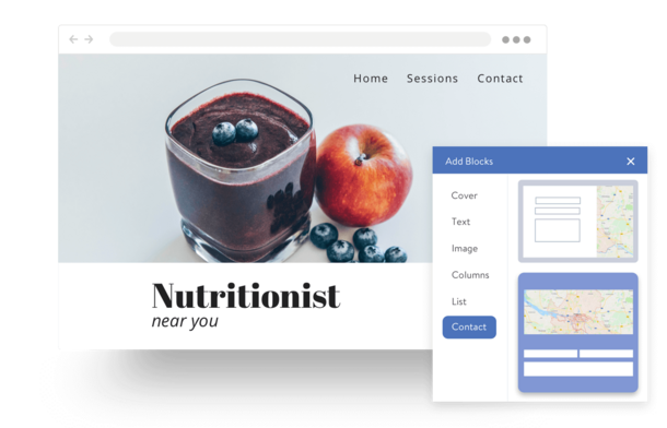 Web design template featuring a glass of berry smoothie, an apple, and blueberries, with navigation links and a block editor.