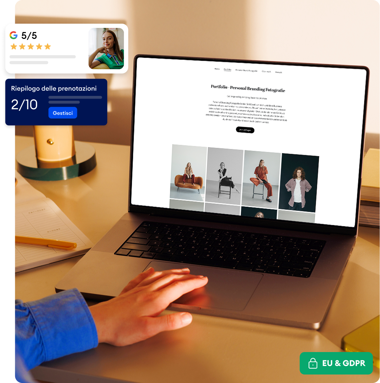 Freelance che gestisce la sua attività sullo smartphone con Jimdo - prenotazioni, recensioni Google e conformità GDPR in un colpo d'occhio.