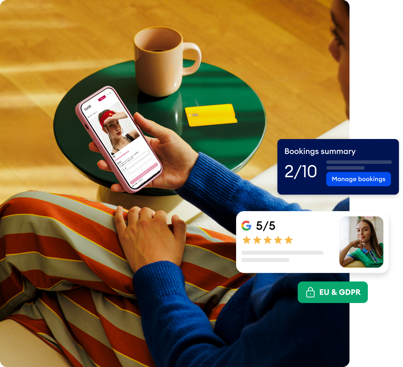 Solopreneur managing their business on a smartphone with Jimdo — bookings, Google reviews, and GDPR compliance at a glance.