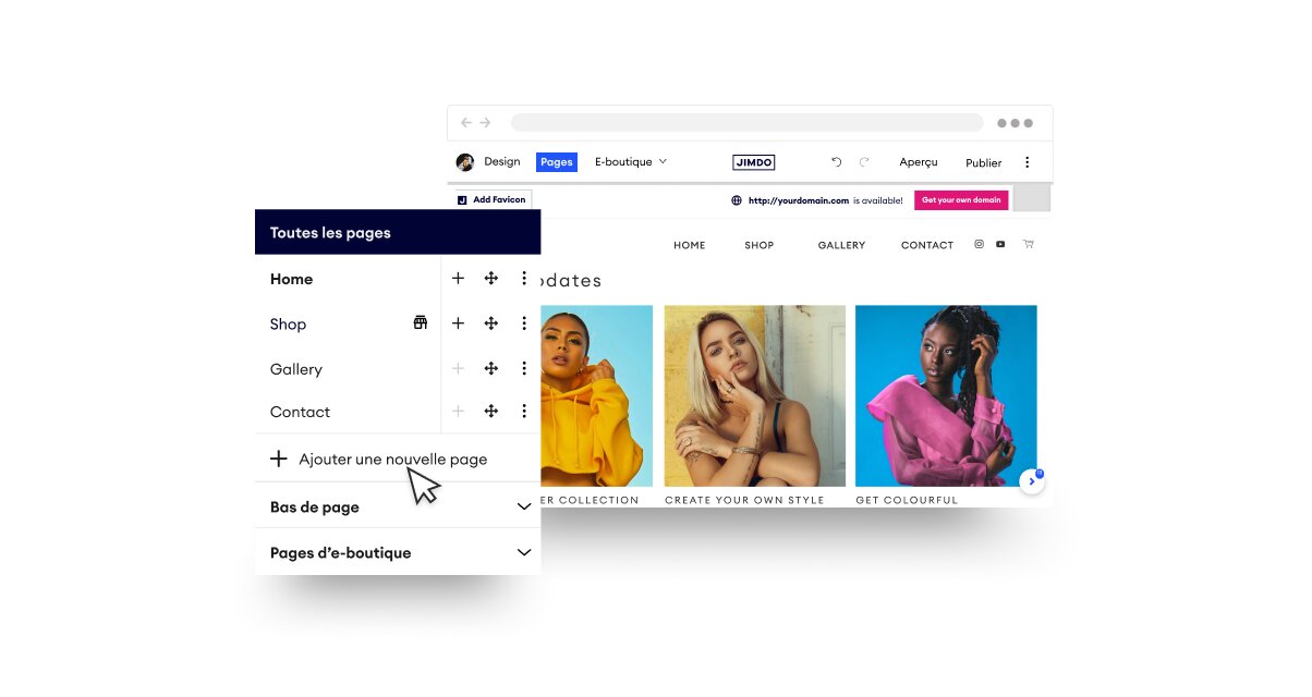 Interface de créateur de site web affichant le menu de gestion de pages et l'aperçu de la page web avec trois modèles.