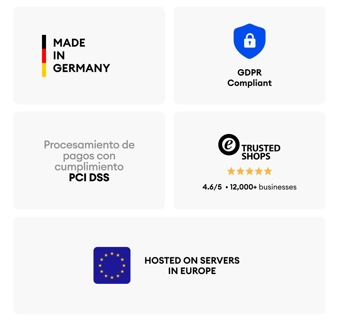 Made in Germany, GDPR-compliant, PCI DSS certified, Trusted Shops rated 4.6/5 by 12,000+ businesses, servers hosted in Europe.