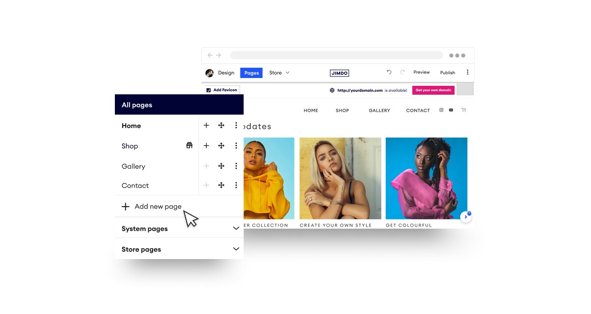 Website builder interface showing page management menu and webpage preview with three models.