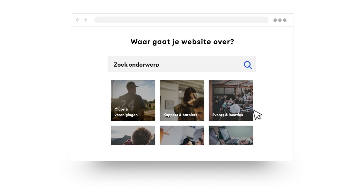 Webpagina-thema selecteerinterface met categorieën zoals liefdadigheid, watersporten en reizen. Een cursor wijst naar het reistema.