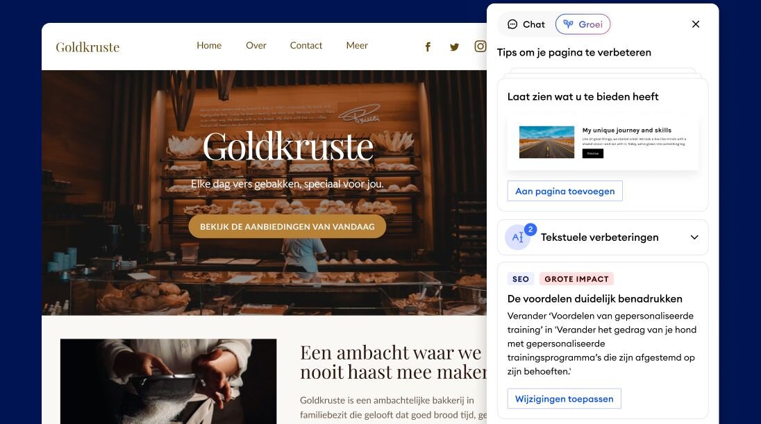 Jimdo-website van een bakkerij met de AI-assistent open - toont tips voor paginaverbetering en één-klik SEO-tekstoptimalisaties.
