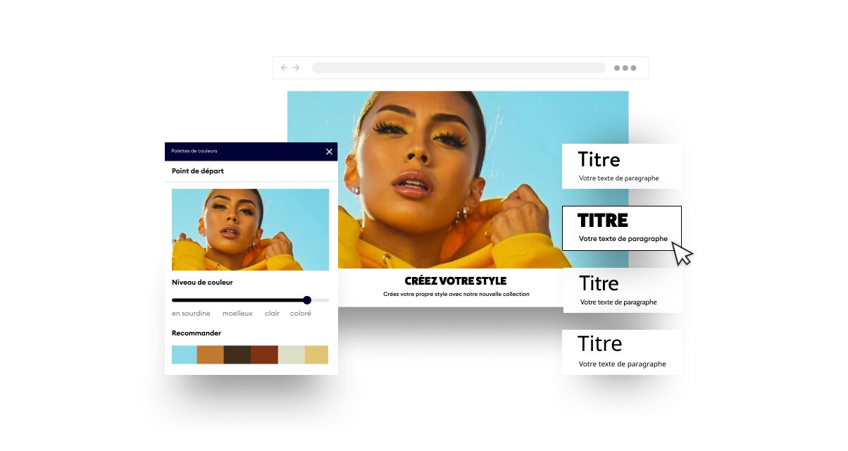 Interface de conception web montrant des options de personnalisation de police et de couleur pour une page web présentant une femme en tenue jaune.