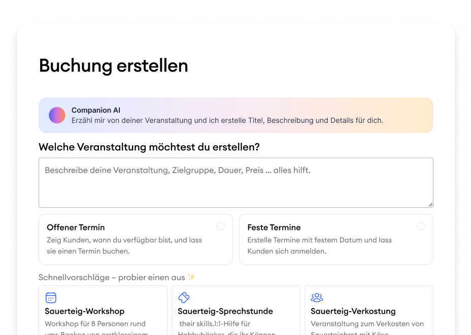 Jimdo Buchungstool — Terminart wählen, Verfügbarkeit sehen, direkt buchen.
