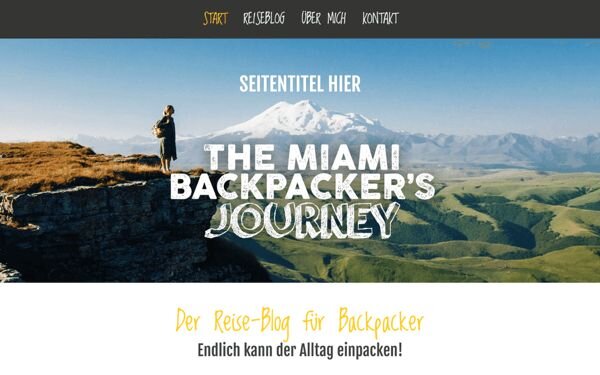 Backpacker travel blog website example built with Jimdo, featuring a mountain hero image and navigation menu.
