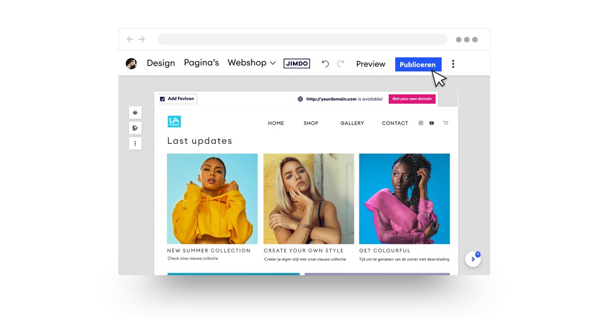 Websitebouwinterface met een modewinkelpagina met drie modelafbeeldingen in een galerij. Een cursor zweeft boven de knop 'Publiceren'.