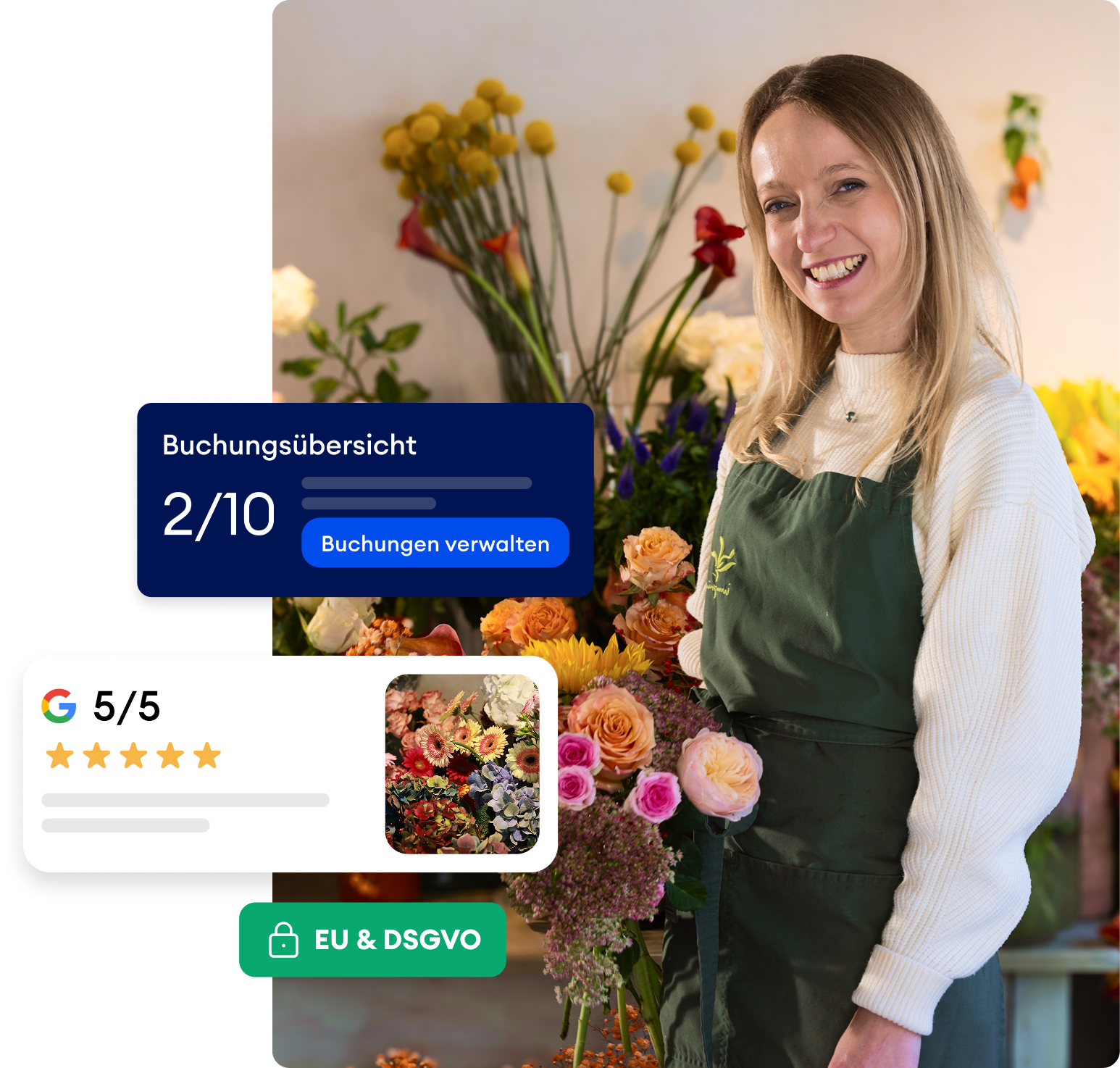 Solopreneur managing their business on a smartphone with Jimdo — bookings, Google reviews, and GDPR compliance at a glance.