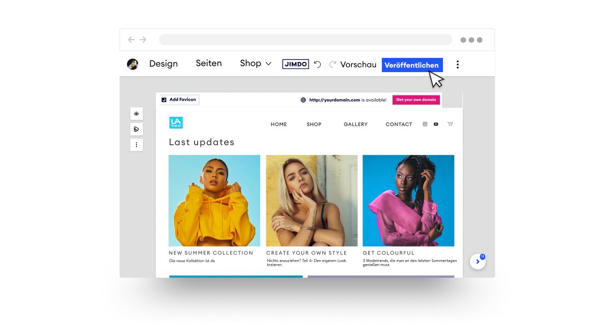 Website-Builder-Oberfläche mit einer Modeseiten-Galerie mit drei Modelbildern. Ein Cursor schwebt über der Schaltfläche 'Veröffentlichen'.