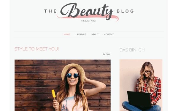 Beauty blog website example built with Jimdo, featuring skincare and lifestyle articles with a clean, modern design.
