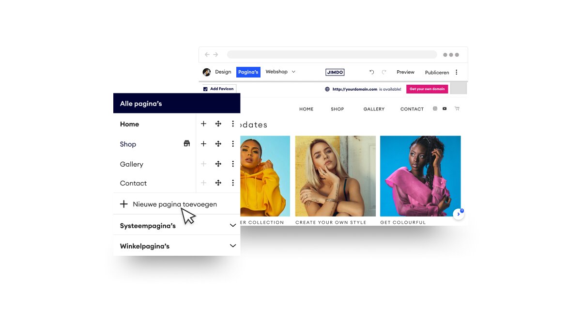 Websitebouwer-interface met paginabeheer-menu en webpagina voorbeeld met drie modellen.