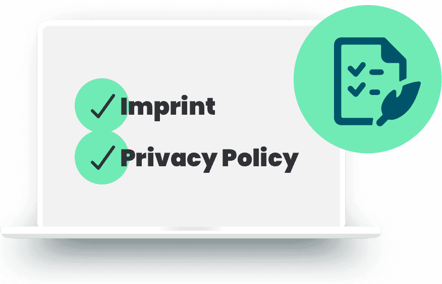Laptop screen displaying checks for "Imprint" and "Privacy Policy" with a document icon.