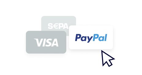 Zahlungsoptionen einschließlich Visa, SEPA und PayPal mit einem Cursor, der auf PayPal
  zeigt.