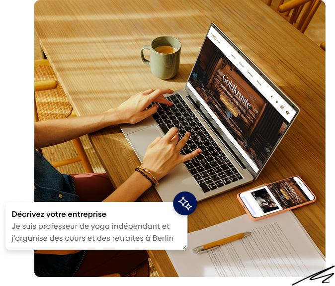 Indépendante gérant son activité sur smartphone avec Jimdo - réservations, avis Google et conformité RGPD en un coup d'oeil.
