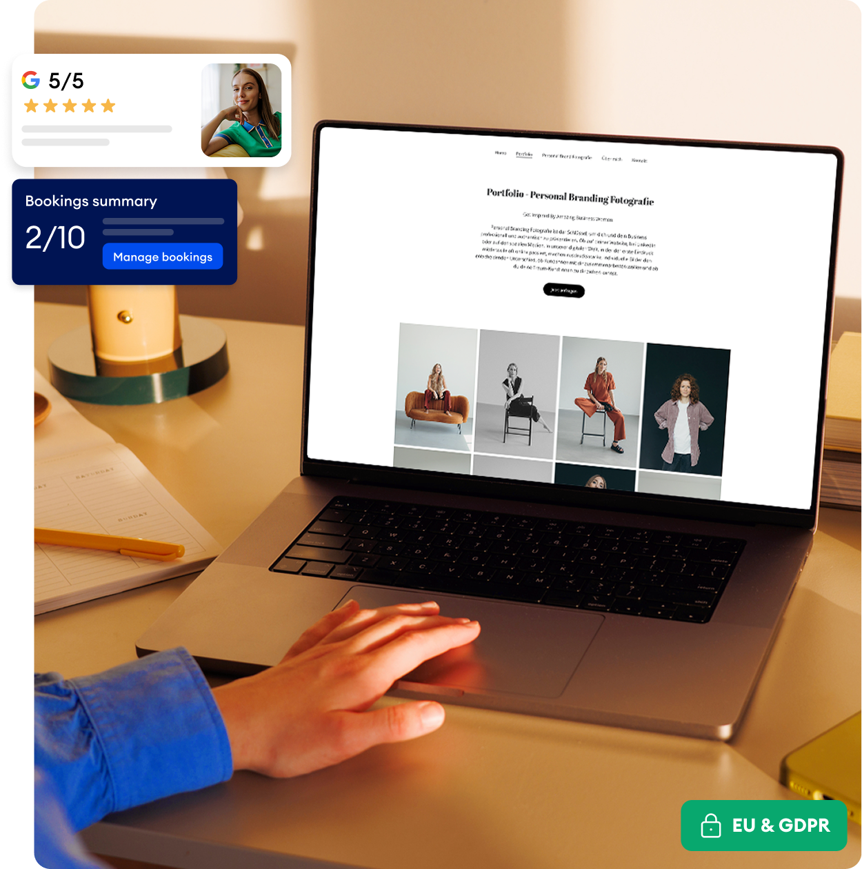 Solopreneur managing their business on a smartphone with Jimdo — bookings, Google reviews, and GDPR compliance at a glance.