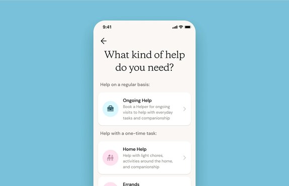 A phone screen displays an app interface with options to request different types of help including ongoing help, home help, and errands.