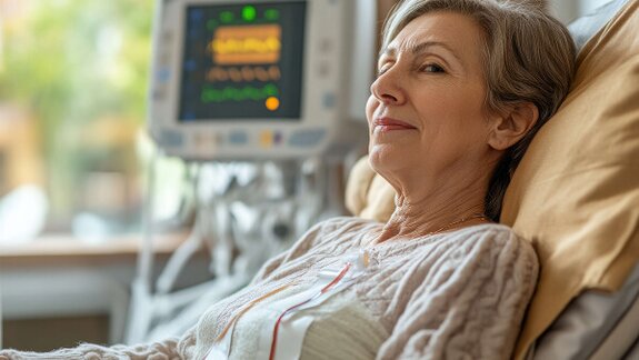 A senior receives dialysis treatment with monitoring equipment nearby. Reliable care and support can help improve comfort and outcomes during treatment.