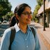 A woman with glasses and a backpack is smiling while walking down a street.