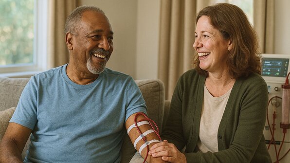 Patient and Helper smile and laugh as the patient receives dialysis treatment in their home