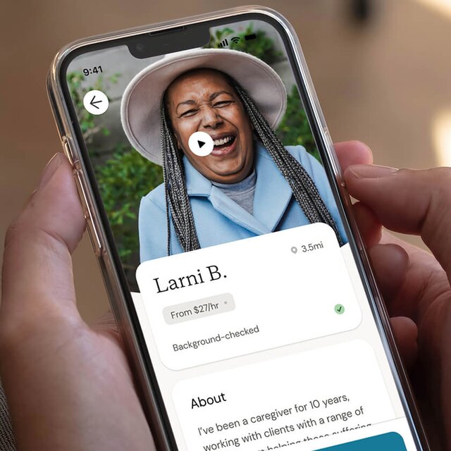User holds a phone displaying the profile of a Helper with a CCHT-certified badge. 