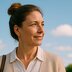 A woman with her hair in a bun looks to the side while standing outside under a blue sky.