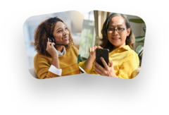 Two small images featuring a customer and our call center agents communicating