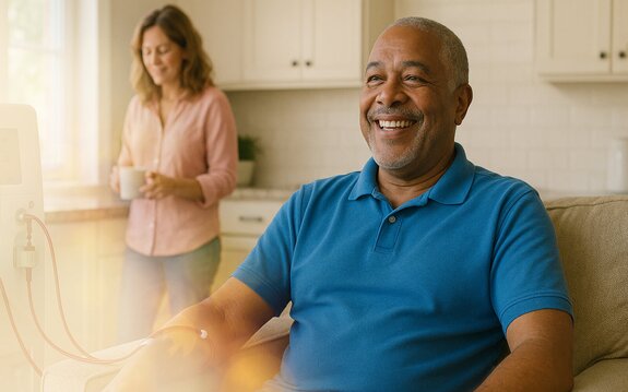 A man sits on a couch receiving dialysis treatment through an access port in his arm, while a Helper stands in the background bringing him a drink.