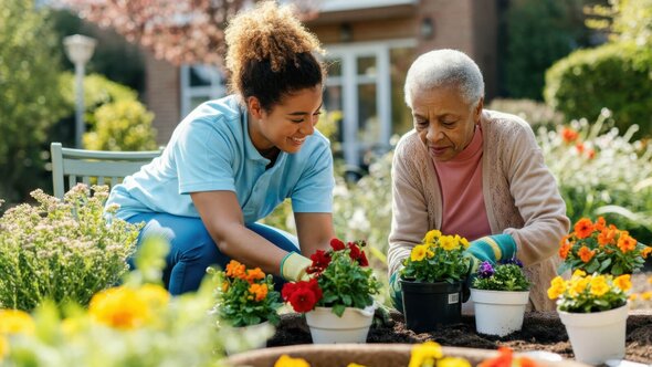 A Helper and a senior woman plant flowers together in an outdoor garden bed, surrounded by colorful potted plants.