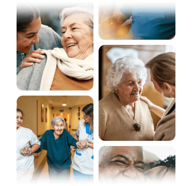 A grid of images showing Helpers, Patients, and Healthcare Professionals Smiling and working together happily. 
