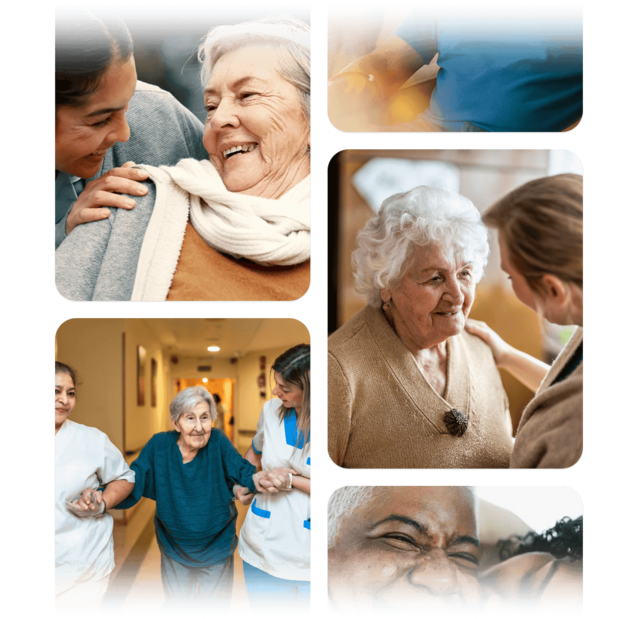 A grid of images showing Helpers, Patients, and Healthcare Professionals Smiling and working together happily. 