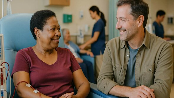 A woman sits in a treatment chair receiving dialysis while talking with a man sitting beside her.