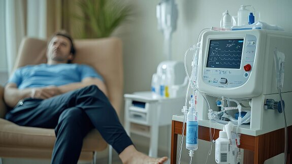 A patient receives dialysis treatment at home in a comfortable setting. In-home support helps improve consistency, comfort, and overall care experience.