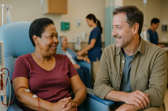 Helper and patient smile at each other whilst in the clinic receiving treatment. 