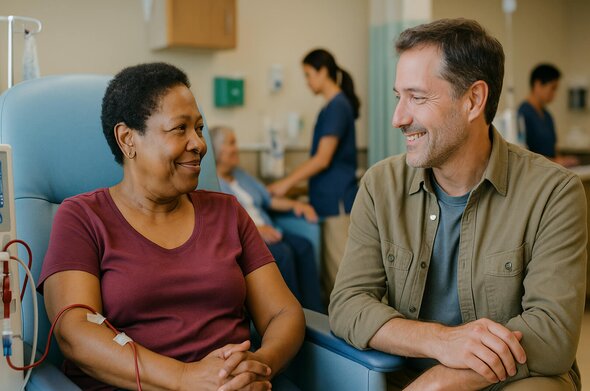 Helper and patient smile at each other whilst in the clinic receiving treatment. 