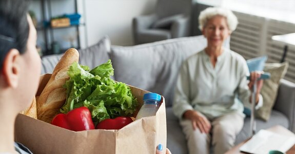 A Helper holds a paper bag filled with groceries, including lettuce and bread, while a senior woman sits on a couch in the background holding a cane.