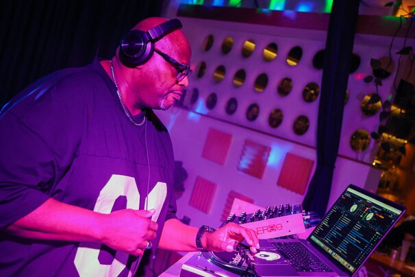 DJ SugaBear closeup at Off the Clock