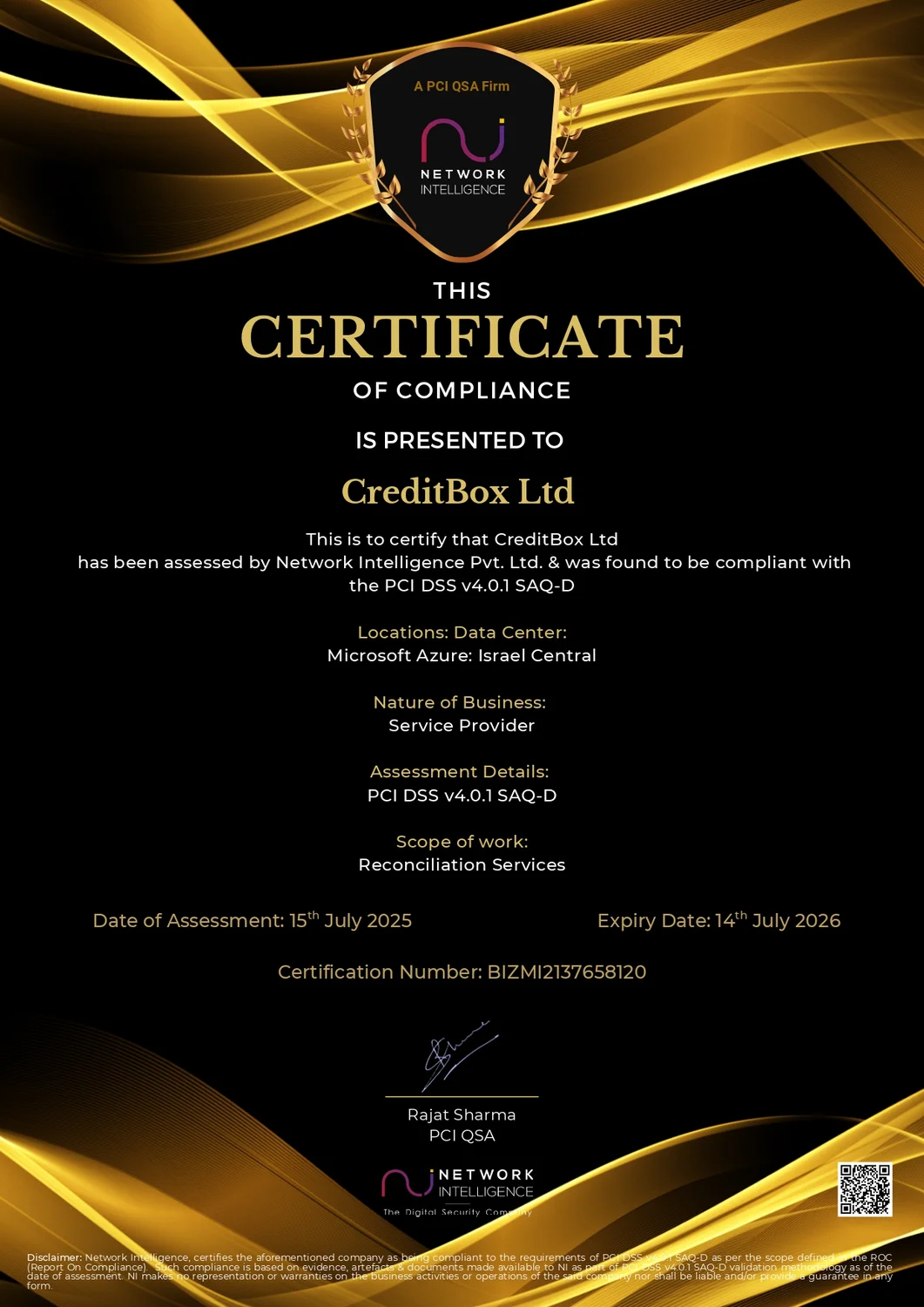 תעודת PCI DSS של CreditBox