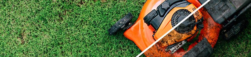 Orangefarbener Rasenmäher auf Rasenfläche, Bild diagonal geteilt in saubere und verschmutzte Gerätehälfte.